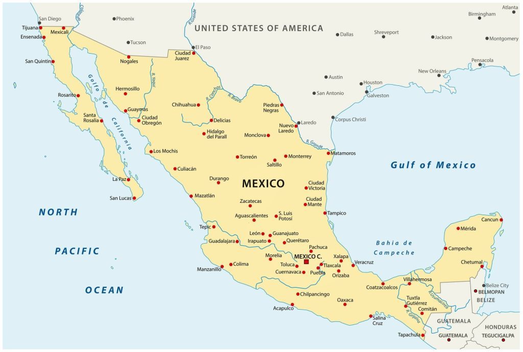 Es un mapa de México que incluye el nombre de todos los estados, incluyendo los mares principales que rodean al país.